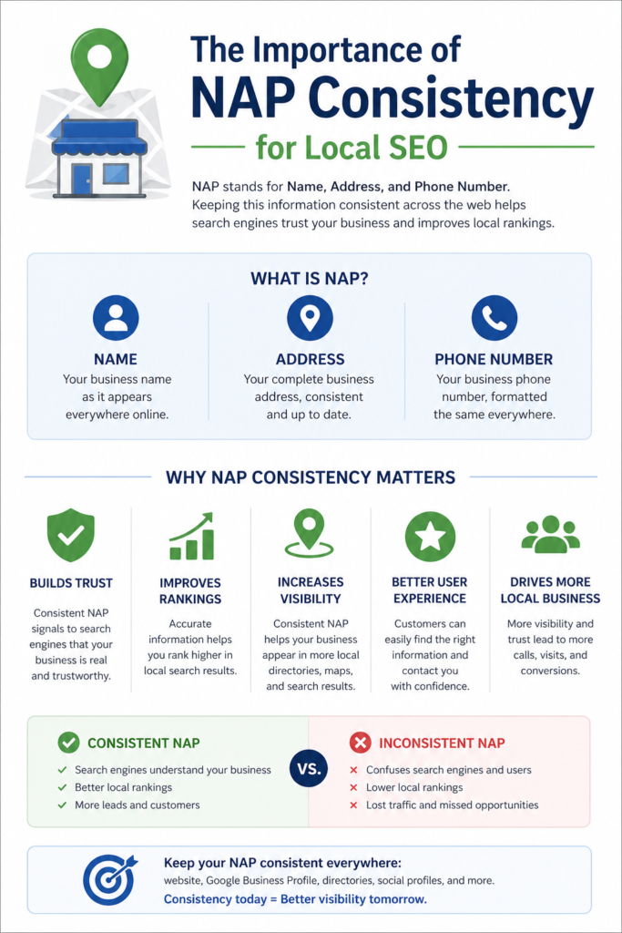 “The Importance of NAP Consistency for Local SEO.” It explains that NAP stands for Name, Address, and Phone Number, and emphasizes keeping this information consistent across the web. The graphic includes sections defining each element (name, address, phone number), followed by benefits of consistency such as building trust, improving rankings, increasing visibility, enhancing user experience, and driving more local business. A comparison highlights “Consistent NAP” (better rankings, more leads) versus “Inconsistent NAP” (confusion, lower rankings, lost traffic). The design uses blue and green tones with icons representing location, business, and growth.