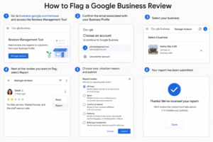 Infographic titled “How to Flag a Google Business Review” showing six step-by-step panels: (1) go to business.google.com/reviews and open the Reviews Management Tool, (2) confirm the email linked to your Business Profile, (3) select your business, (4) click “Report” next to the review you want to flag, (5) choose a violation reason such as spam, off-topic, or harassment and submit, and (6) confirmation screen indicating the report has been received.