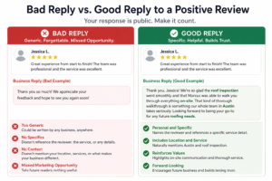 Side-by-side comparison graphic titled “Bad Reply vs. Good Reply to a Positive Review.” The left (red) panel shows a generic business response to a 5-star review labeled “Bad Reply,” highlighting issues like being too generic, lacking specifics, no context, and missing marketing opportunity. The right (green) panel shows a personalized, detailed response labeled “Good Reply,” emphasizing naming the reviewer, mentioning specific services and location, reinforcing values, and encouraging future business.