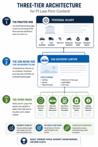 Infographic illustrating a three-tier personal injury law firm content architecture. The diagram shows a top-level Personal Injury Practice Hub linking to a Car Accident Pillar Page, which then connects to multiple detailed spoke pages covering uninsured motorist claims, rear-end collisions, pain and suffering calculations, whiplash injuries, and settlement amounts. Arrows demonstrate how authority flows upward, relevance flows downward, and internal linking creates a connected content ecosystem that strengthens topical authority and search visibility.