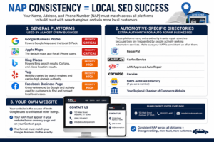 Infographic titled “NAP Consistency = Local SEO Success” showing how businesses should keep their Name, Address, and Phone Number consistent across platforms. It is divided into three sections: (1) General platforms like Google Business Profile, Apple Maps, Bing Places, Yelp, and Facebook, labeled with priority levels; (2) Automotive-specific directories such as RepairPal, Carfax Service, AAA Approved Auto Repair, Carwise, NAPA AutoCare, and Chamber of Commerce websites; and (3) Website best practices, emphasizing adding NAP to the footer and contact page in the same format as Google Business Profile. Visual elements include platform icons, priority badges, and mockups of a desktop and mobile contact page.