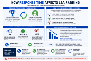 Infographic explaining how response time affects Google Local Services Ads (LSA) ranking. The design features blue and white sections with icons, charts, and statistics. Key points include how Google measures responsiveness through phone answer rates, message reply speed, and missed calls; the importance of the 5-minute response rule; statistics showing faster responses improve lead conversion; and practical targets such as answering calls live, returning missed calls within 5 minutes, and replying to messages within 3 minutes. The infographic also warns that missing more than 5% of calls or averaging response times over 10 minutes can negatively impact rankings.