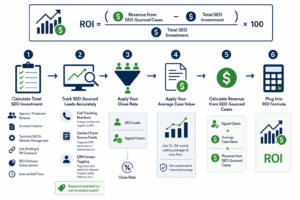 Infographic showing how to calculate SEO ROI for law firms. The graphic includes the ROI formula at the top and a six-step process below: calculate total SEO investment, track SEO-generated leads, apply close rate, apply average case value, calculate SEO revenue, and plug results into the ROI formula. Icons represent SEO costs, lead tracking, signed clients, revenue growth, and ROI calculation. The design uses a clean white background with dark blue and green accents.