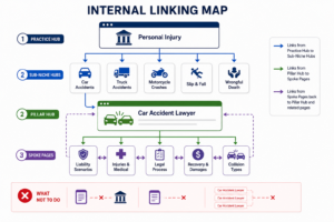 Minimalist infographic showing the internal linking structure of a personal injury law firm website. A Personal Injury Practice Hub sits at the top and links to sub-niche hubs such as car accidents, truck accidents, motorcycle crashes, slip and fall cases, and wrongful death. The Car Accident Pillar Hub sits in the center and connects to five spoke content clusters: collision types, liability scenarios, injuries and medical issues, legal process, and recovery and damages. Arrows show spoke pages linking back to the pillar hub and to related spoke pages, illustrating how authority and relevance flow through a well-organized content hub. A small section highlights common internal linking mistakes, including orphan pages, bypassing the pillar hub, and using the same anchor text repeatedly.