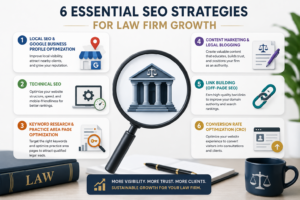 Professional infographic showing the 6 recommended SEO services for personal injury law firms, including local SEO and Google Business Profile optimization, technical SEO, keyword research, content marketing, link building, and conversion rate optimization, with legal-themed icons and a courthouse illustration.
