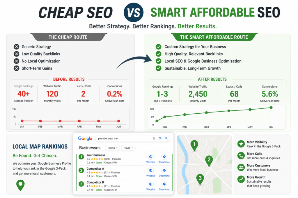 Comparison infographic showing “Cheap SEO vs Smart Affordable SEO. services result by Jumping Ranks” Left side highlights poor results from cheap SEO (low rankings, minimal traffic, few leads, flat growth). Right side shows strong results from smart affordable SEO (top 3 Google rankings, higher traffic, more leads, increasing growth). Includes before-and-after metrics and a Google local 3-pack map ranking visual illustrating improved visibility and local business performance.