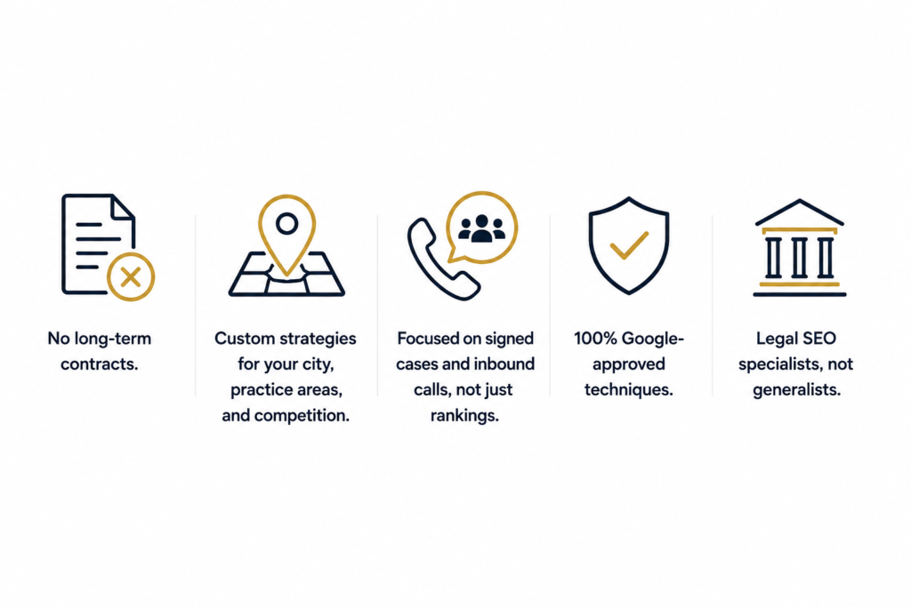 Minimal white landing page graphic highlighting key benefits of PI law firm SEO services, including no long-term contracts, custom legal SEO strategies, focus on signed cases and inbound calls, Google-approved techniques, and specialized SEO for personal injury law firms.